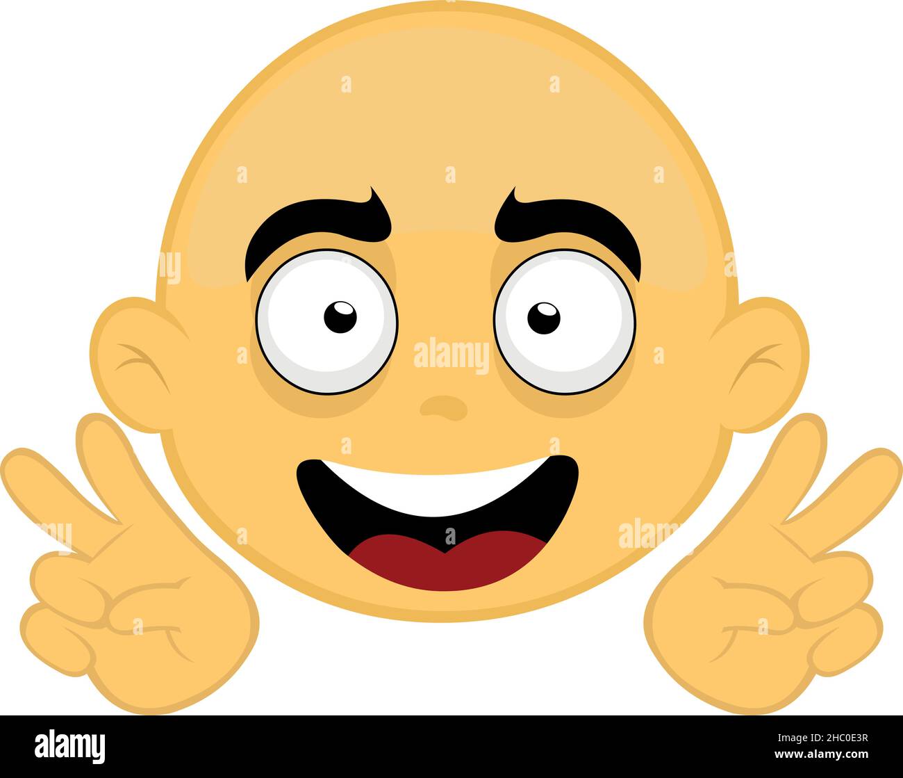 Vector illustration of emoticon of the face of a yellow bald person, making a gesture with his hands of the symbol of peace and love Stock Vector
