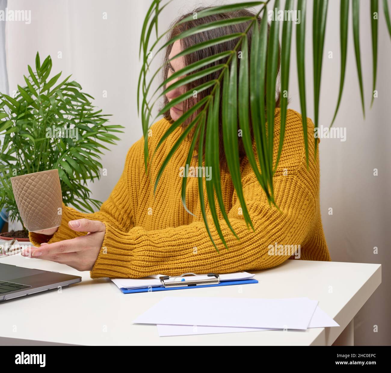 woman 40 years old in an orange sweater sits at the table and holds a cup of coffee in her hand. She uses a laptop, telecommuting, freelancing Stock Photo