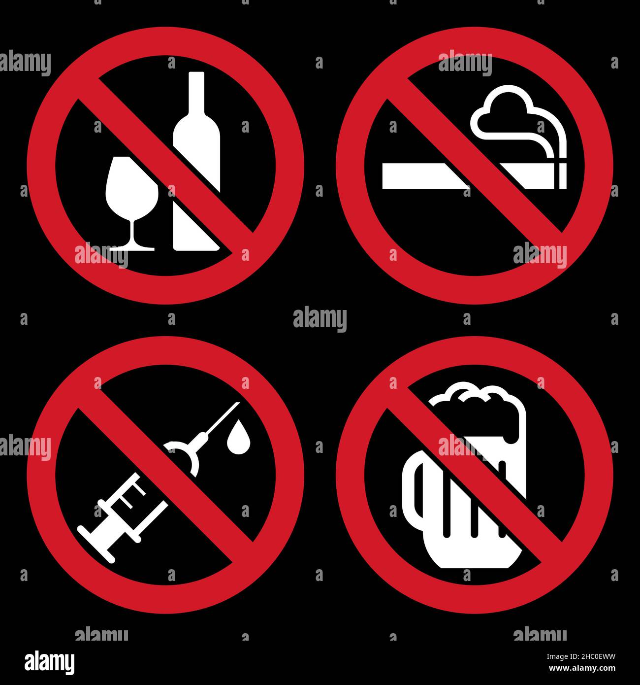 No alcohol sign, No smoking sign, No alcohol sign and No beer sign. Prohibited Signs on black