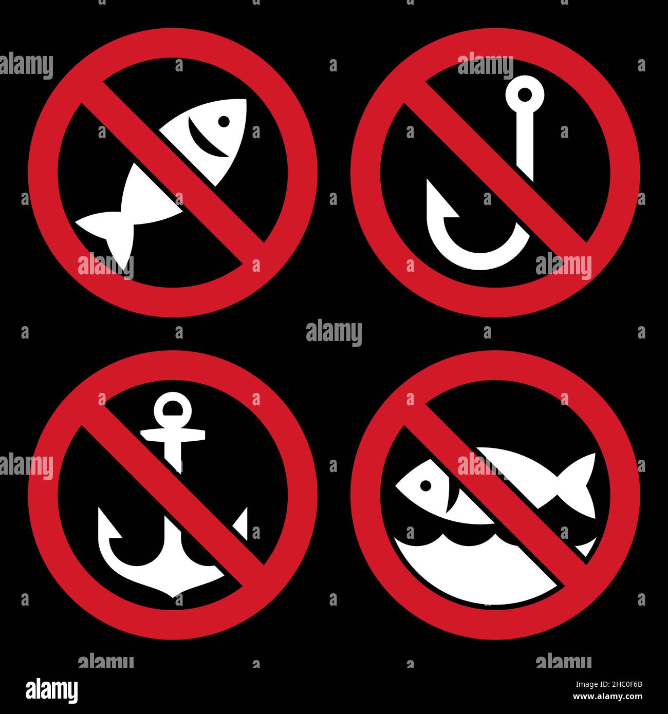 No fishing allowed and no anchoring signs on black background Stock Photo