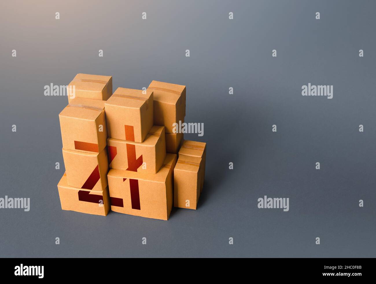 Boxes with polish zloty symbol. Distribution of goods. Transportation logistics. Retail of products. Consumption economics, imports and exports. Gross Stock Photo