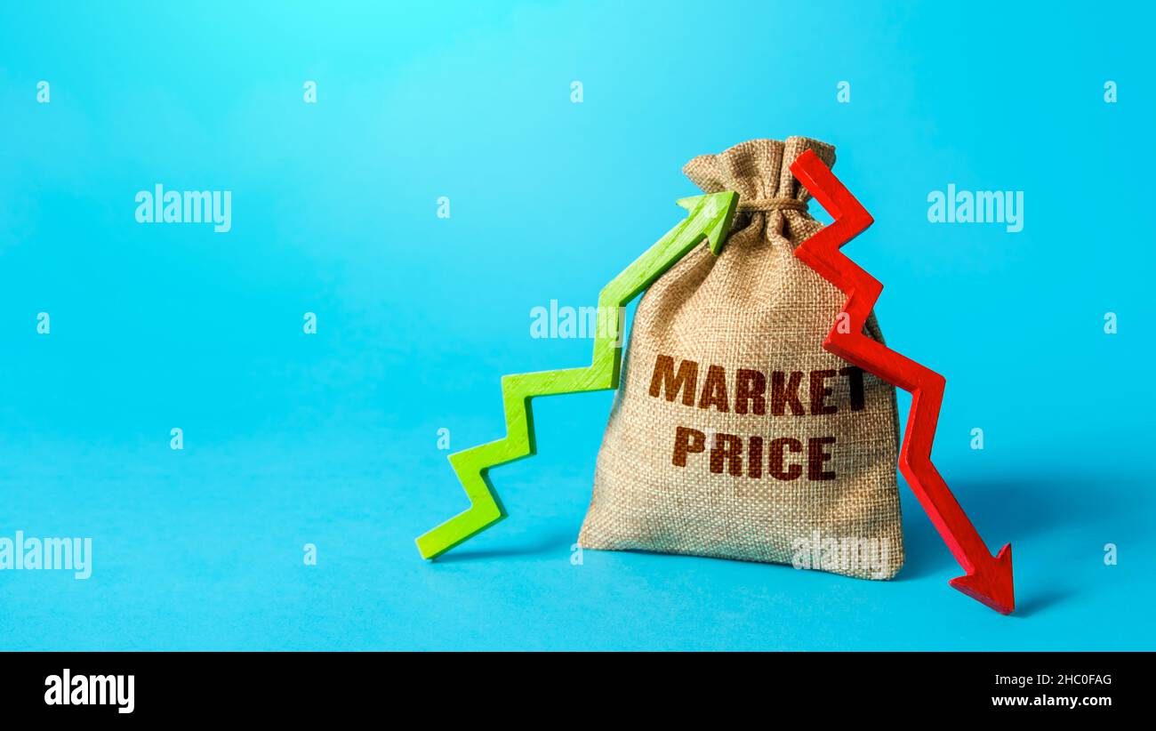 Market price and up and down arrows. Changes in housing prices, growth trends in demand