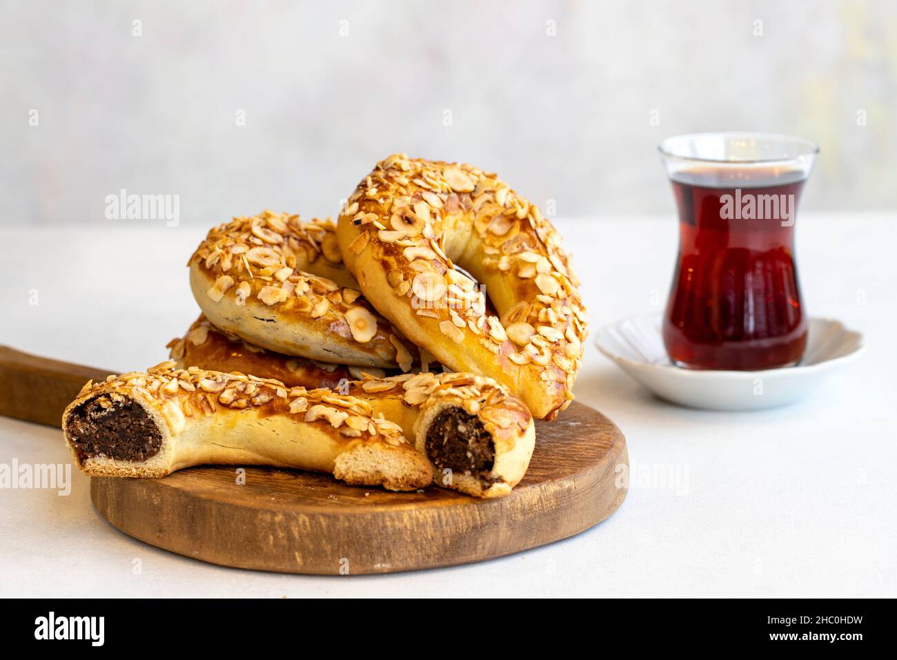 Turkish Ay coregi and tea. moon cookie on white background. Croissant ...