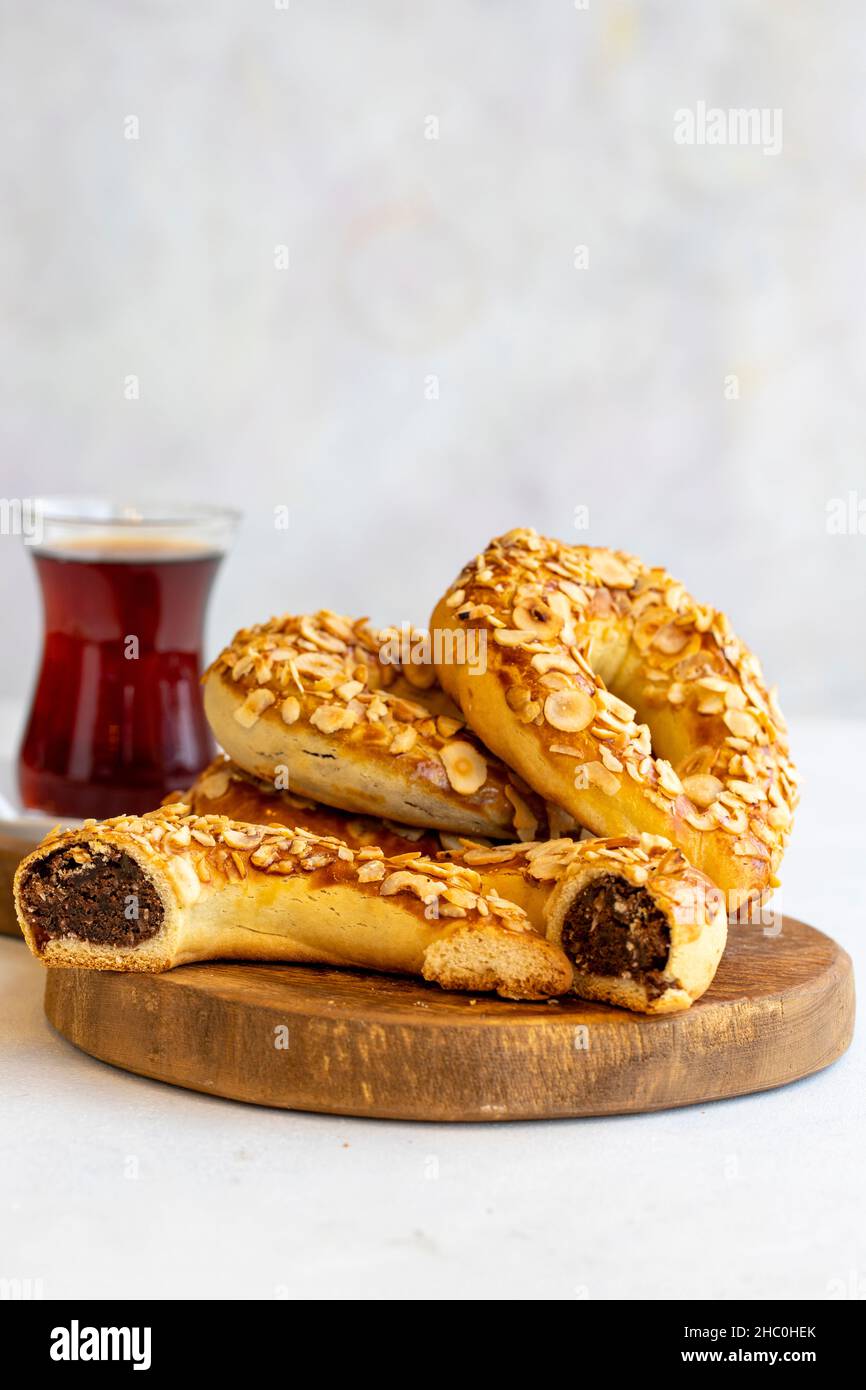 Turkish Ay coregi and tea. moon cookie on white background. Croissant ...