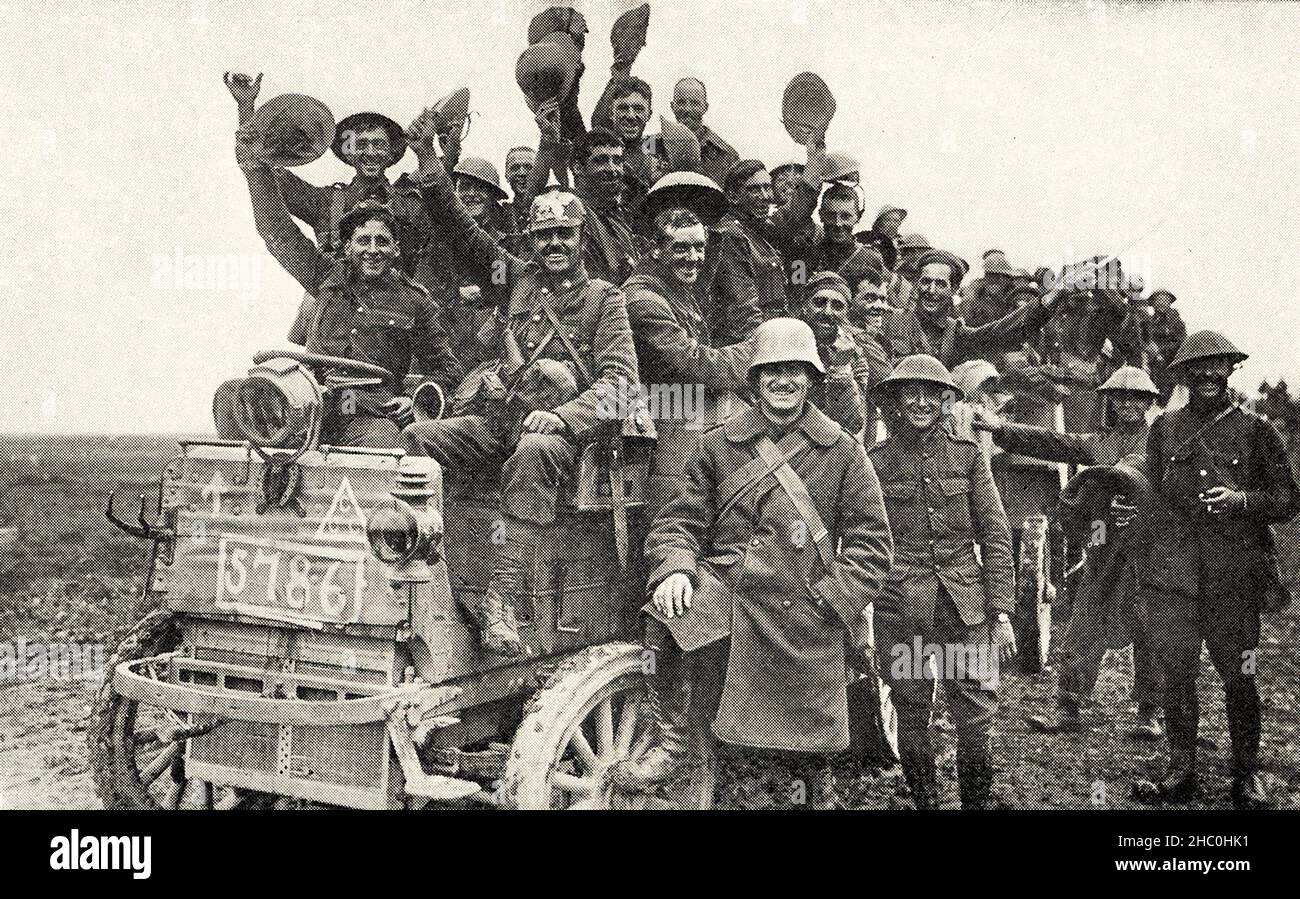 This photo  shows Canadian troops on their way to fight in World War I. It appeared in Harold R Peat's book 'Private Peat' published in 1917. Stock Photo