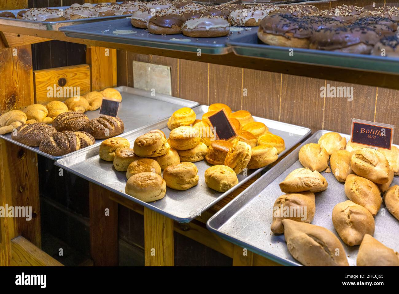 Bakery selling fresh pastry on a colorful Aguascalientes streets in Zocalo historic city center near Cathedral Basilica. Stock Photo