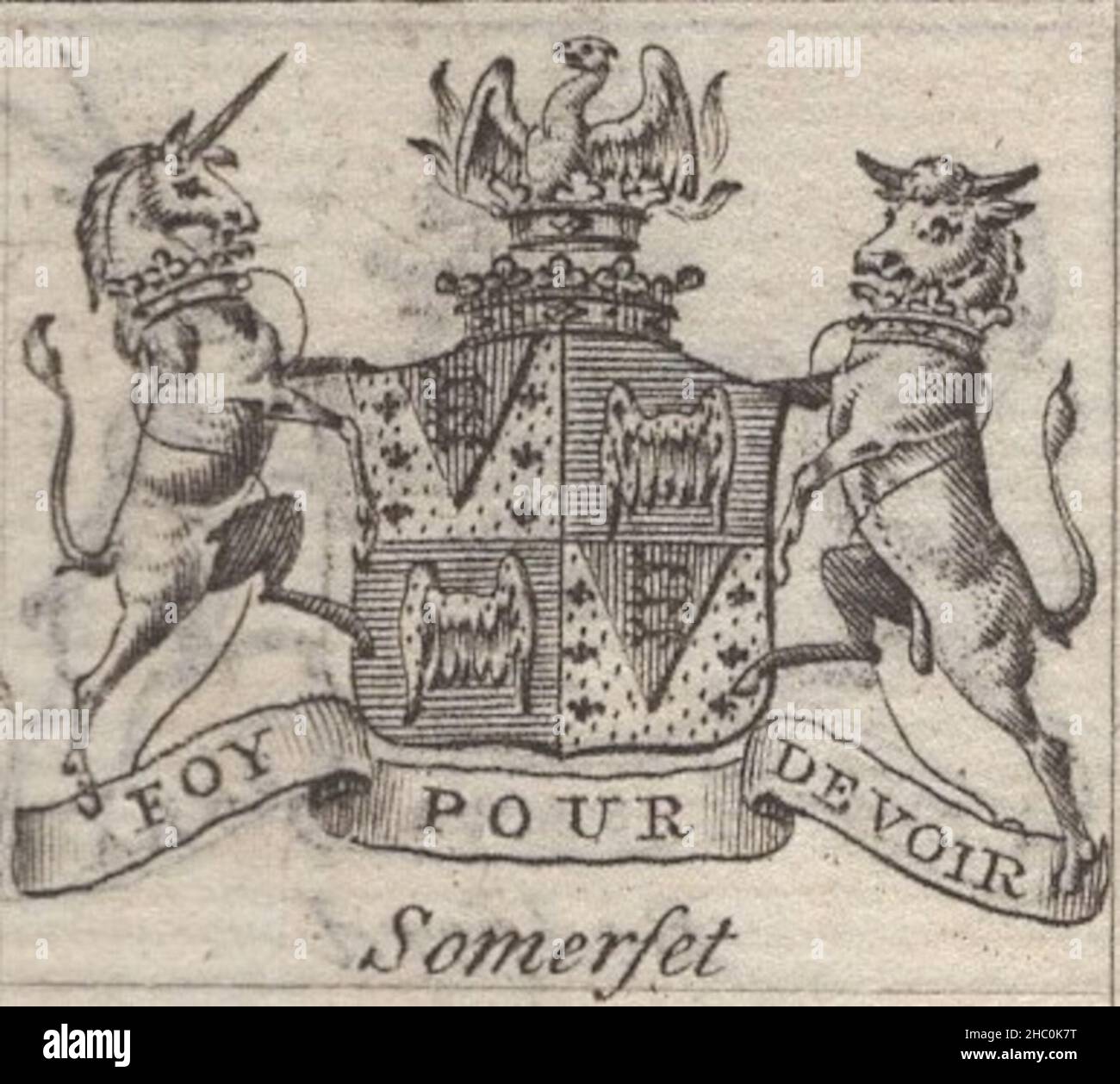 antique 18th century engraving heraldy coat of arms, English Duke , Motto / slogen: Foy Pour Devoir. Somerset. by Woodman & Mutlow fc russel co circa 1780s Source: original engravings from  the annual almanach book. Stock Photo