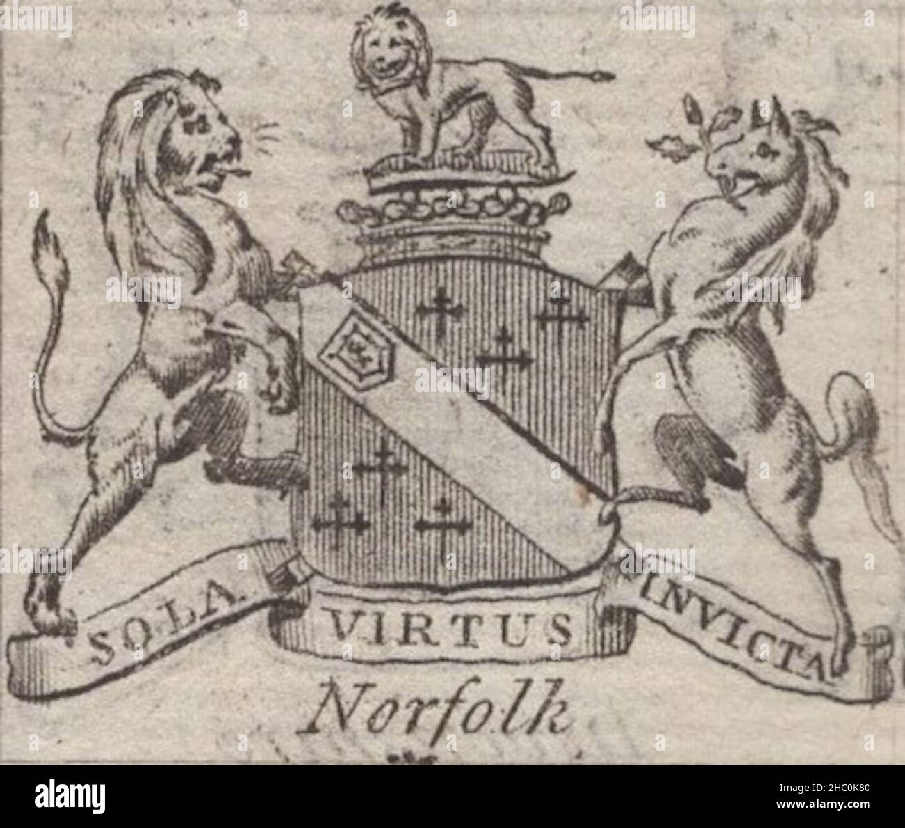 antique 18th century engraving heraldy coat of arms, English Duke , Motto / slogen: Sola Virtus Invicta. Norfolk. by Woodman & Mutlow fc russel co circa 1780s Source: original engravings from  the annual almanach book. Stock Photo