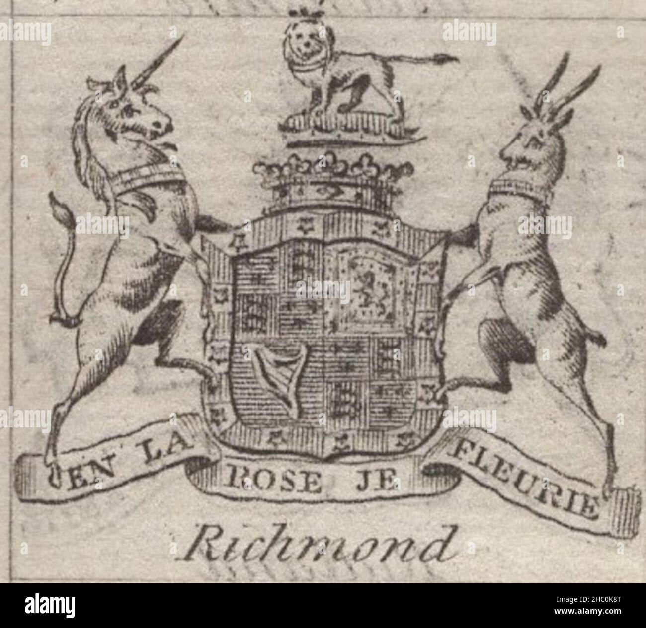 antique 18th century engraving heraldy coat of arms, English Duke , Motto / slogen: En La Rose Je Fleurie. Richmond. by Woodman & Mutlow fc russel co circa 1780s Source: original engravings from  the annual almanach book. Stock Photo