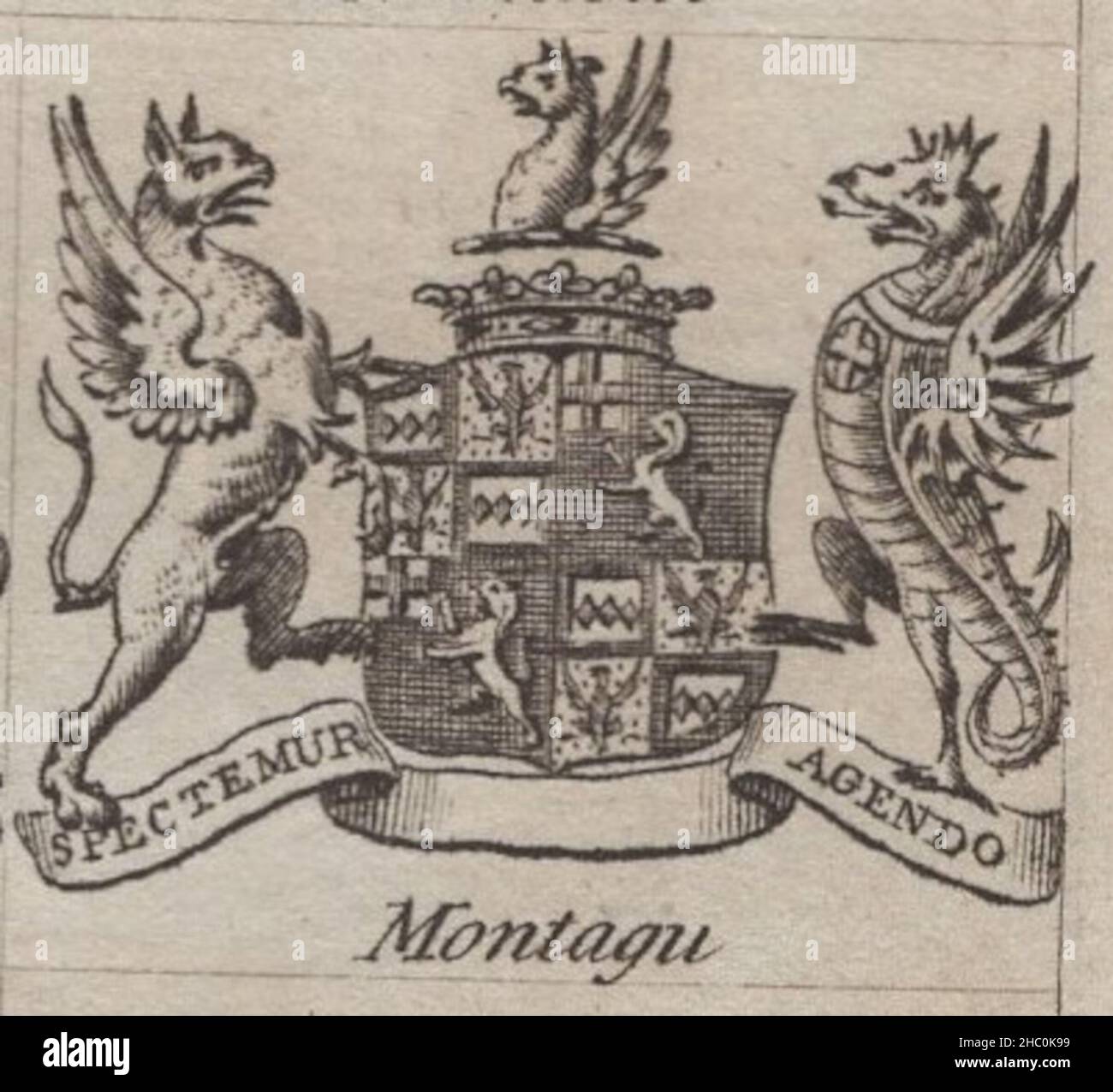 antique 18th century engraving heraldy coat of arms, English Dukes , Motto / slogen: Spectemur Agendo. Montagu. by Woodman & Mutlow fc russel co circa 1780s Source: original engravings from  the annual almanach book. Stock Photo