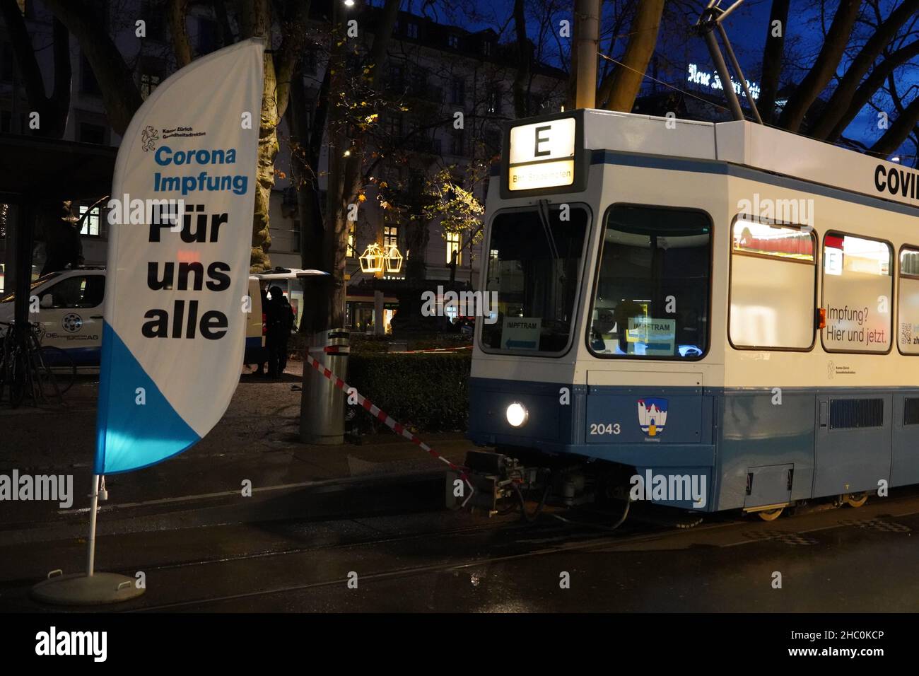 Vaccination tram in downtown of Zurich. Stock Photo