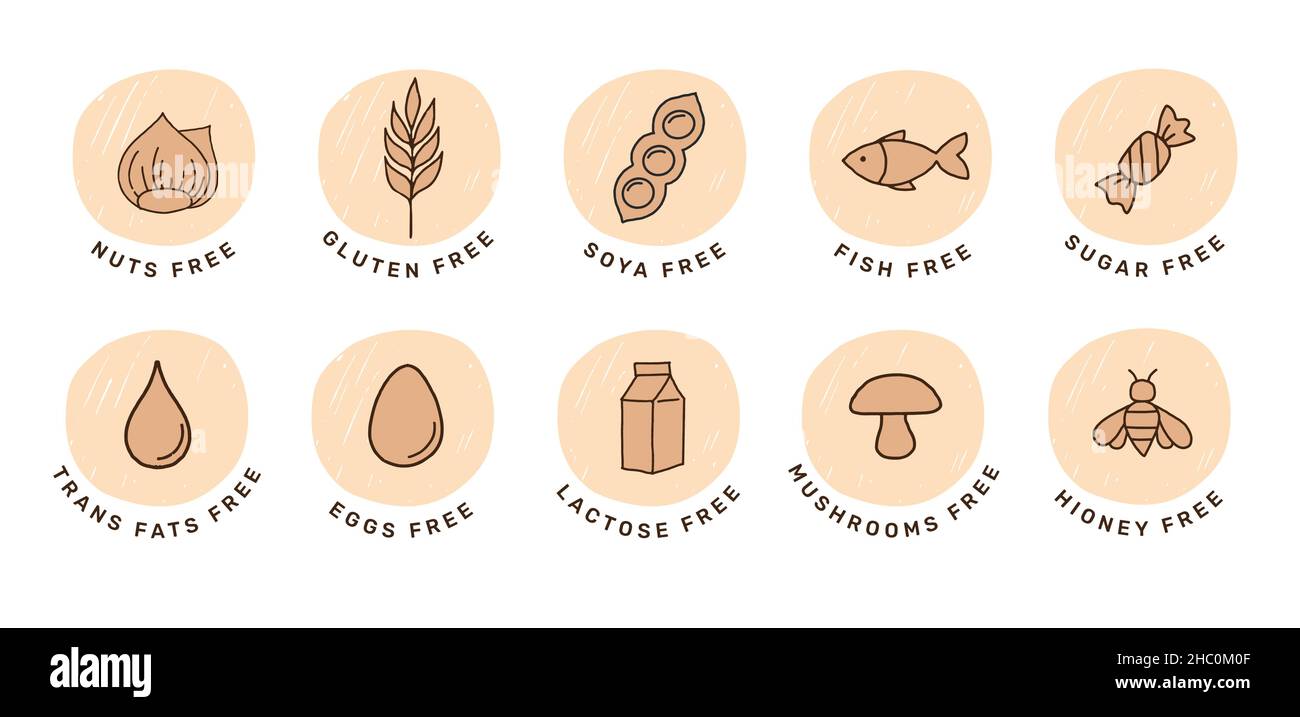 Hand drawn allergens icon. Collection of gluten free, fish, egg, nuts, soya, milk, dairy free icons, sticker and symbols Stock Vector