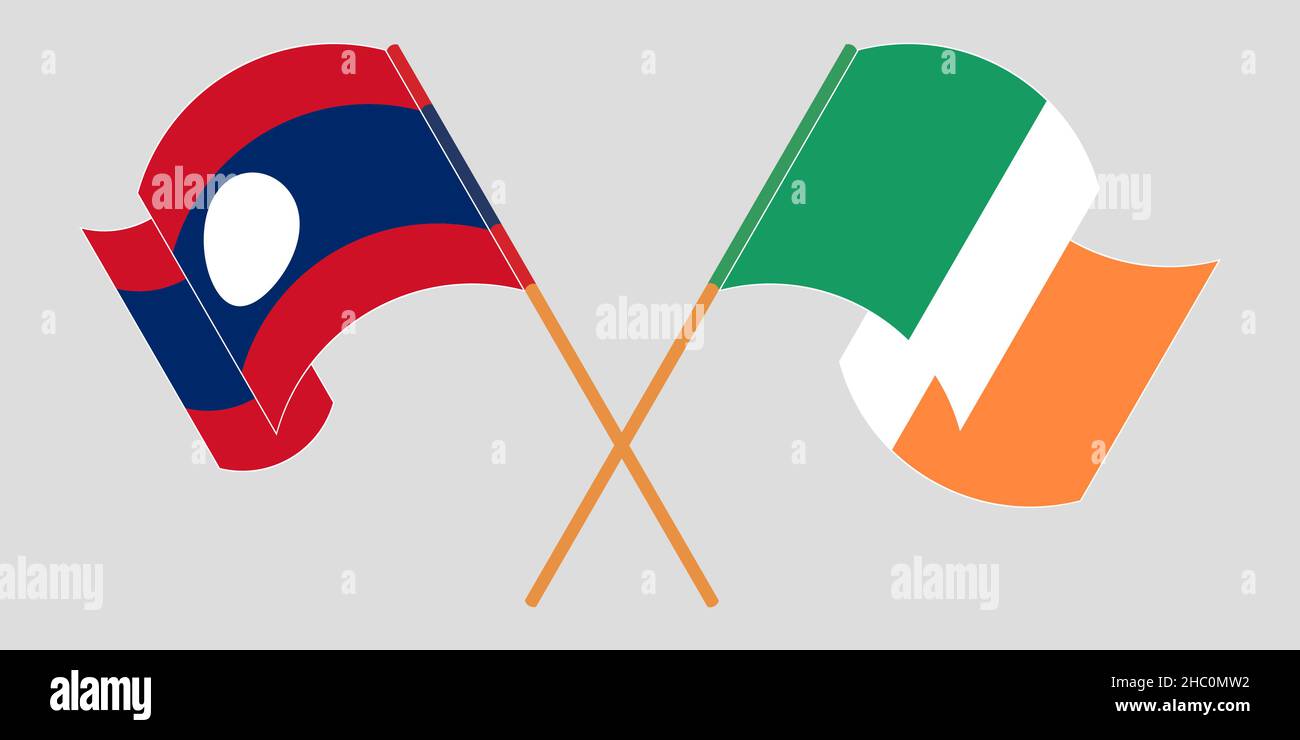 Crossed and waving flags of Laos and Ireland. Vector illustration Stock Vector