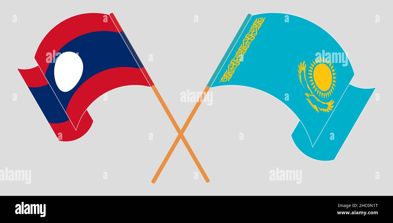 Crossed and waving flags of Laos and Kazakhstan. Vector illustration Stock Vector