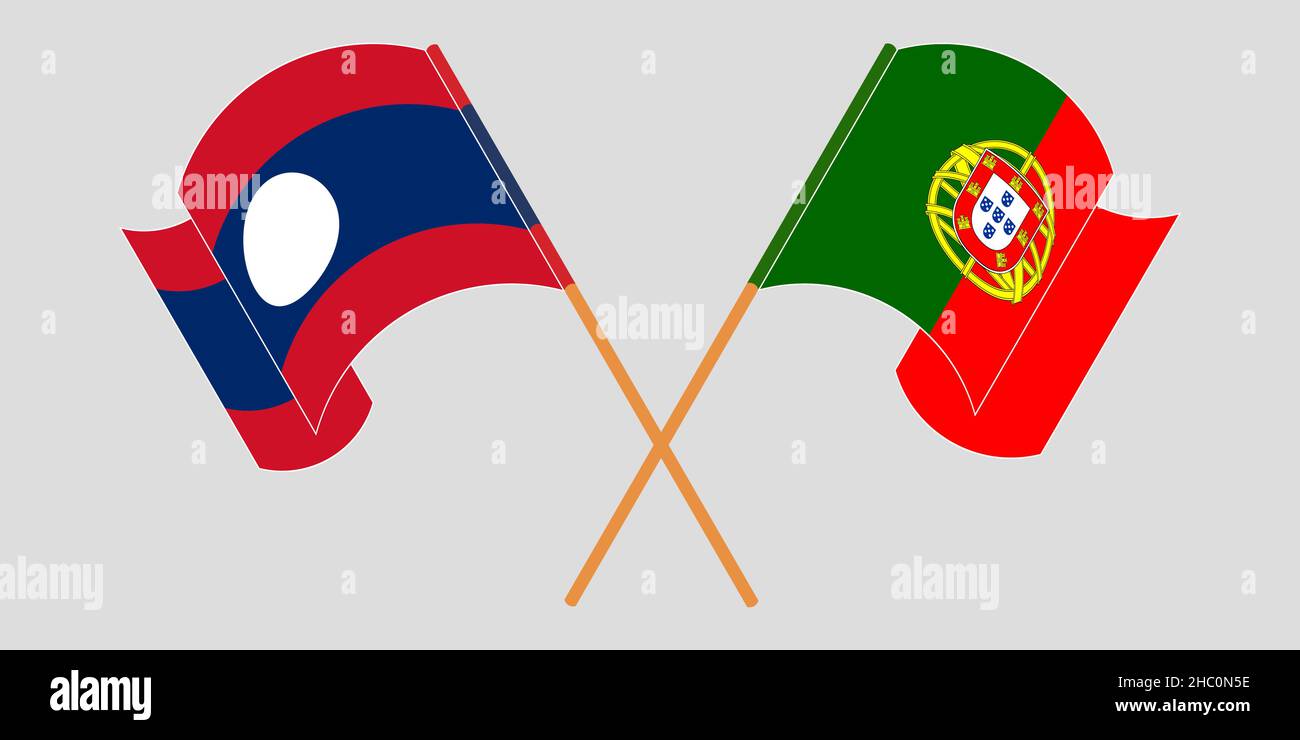 Crossed and waving flags of Laos and Portugal. Vector illustration Stock Vector