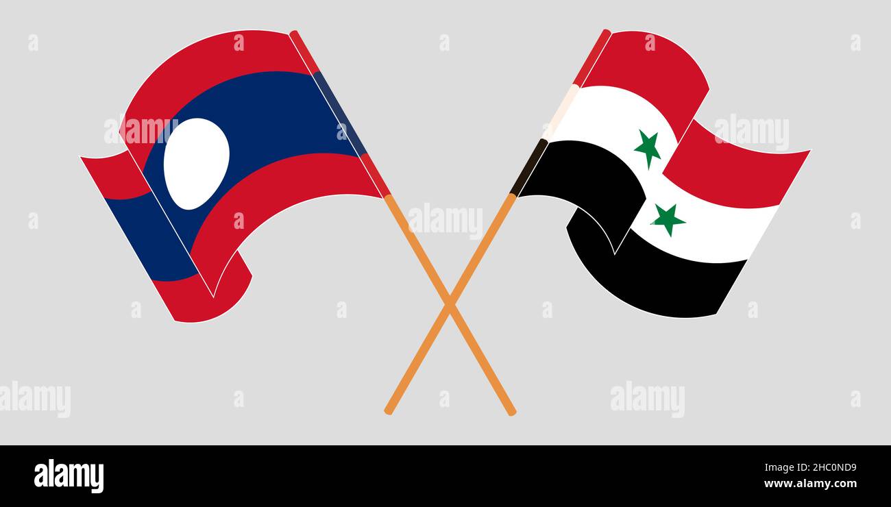Crossed and waving flags of Laos and Syria. Vector illustration Stock Vector