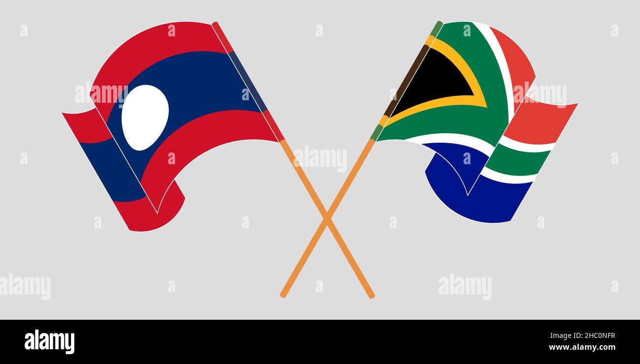 Crossed and waving flags of Laos and Republic of South Africa. Vector illustration Stock Vector