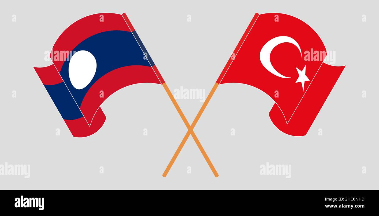 Crossed and waving flags of Laos and Turkey. Vector illustration Stock Vector