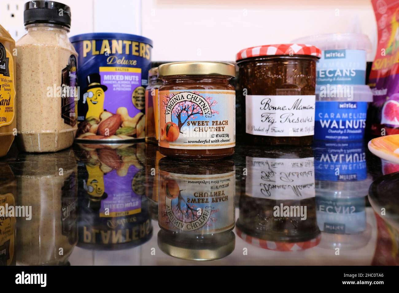 Assorted charcuterie accoutrements and supplies jam