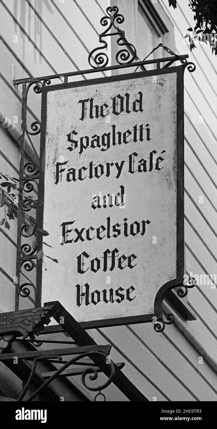 the old Spaghetti Factory Café and Excelsior Coffee House sign, San Francisco, California, December 1980 Stock Photo