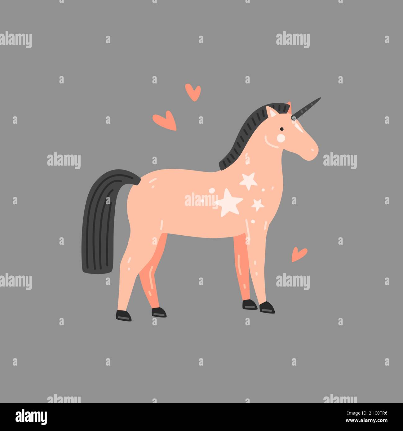 Cute pink unicorn with black mane. Vector flat illustration Stock Vector