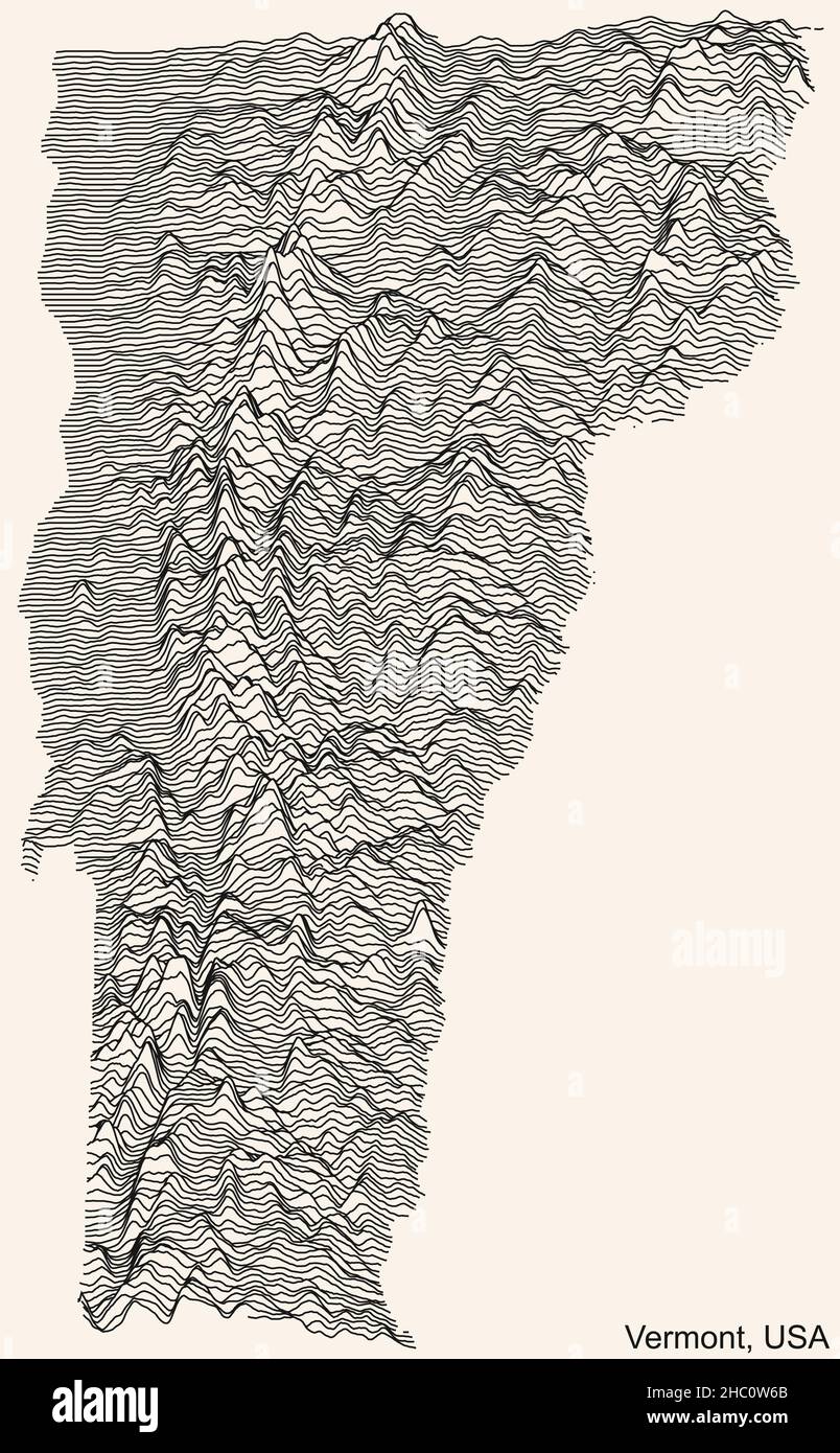 Topographic relief map of the Federal State of Vermont, USA with black contour lines on beige