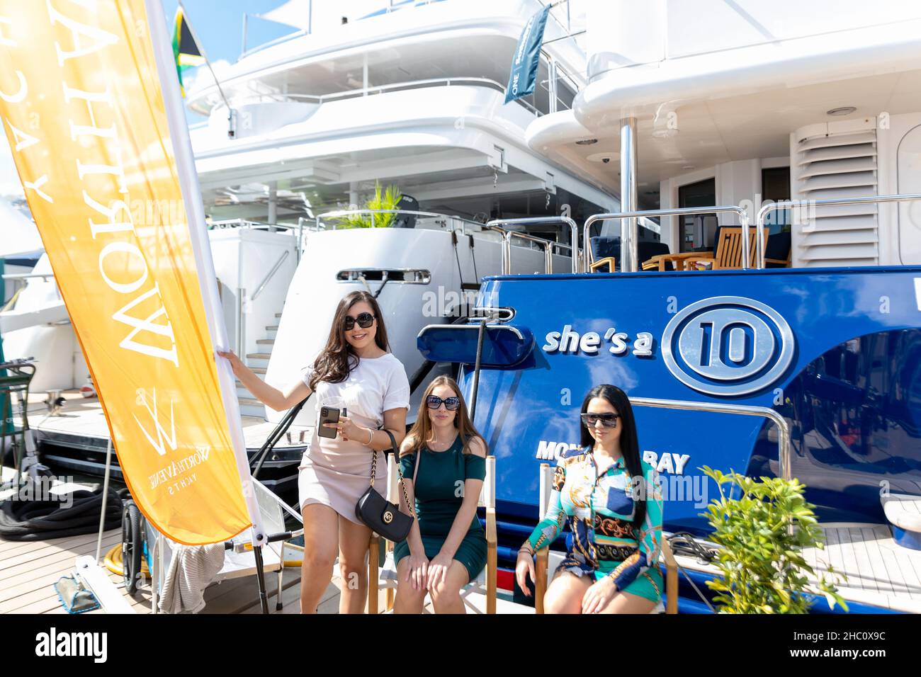62nd annual Fort Lauderdale International Boat Show. Smaller deck boats, Cuddy cabin boats, Pontoon boats, Surf boat, Jet boats, Alum Fishing Boats. Stock Photo