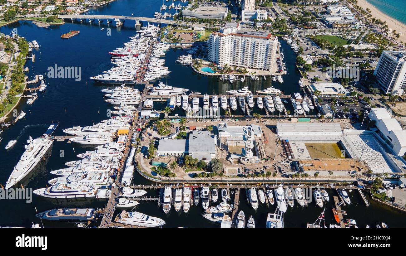 62nd annual Fort Lauderdale International Boat Show. Smaller deck boats, Cuddy cabin boats, Pontoon boats, Surf boat, Jet boats, Alum Fishing Boats. Stock Photo