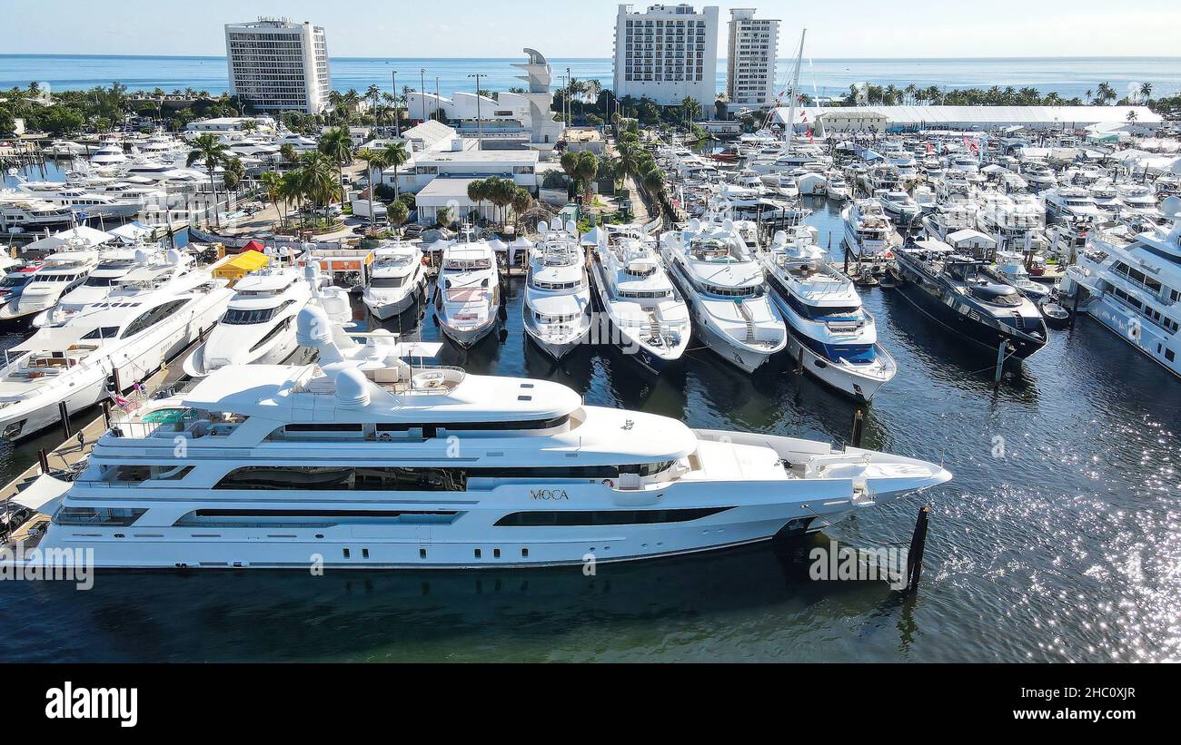 62nd annual Fort Lauderdale International Boat Show. Smaller deck boats, Cuddy cabin boats, Pontoon boats, Surf boat, Jet boats, Alum Fishing Boats. Stock Photo