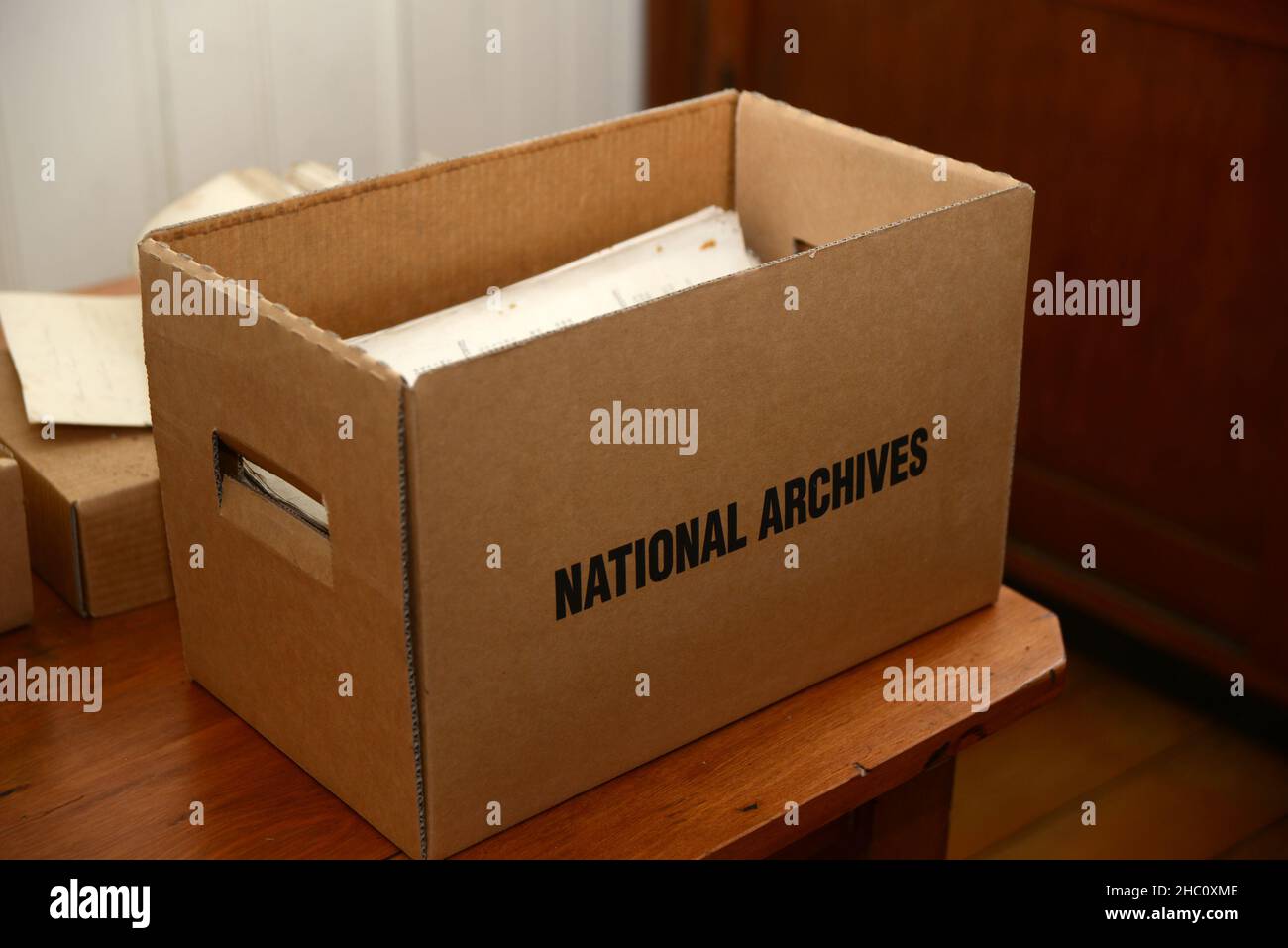 A box of papers packed up to record the nation's history for the National Archive Stock Photo