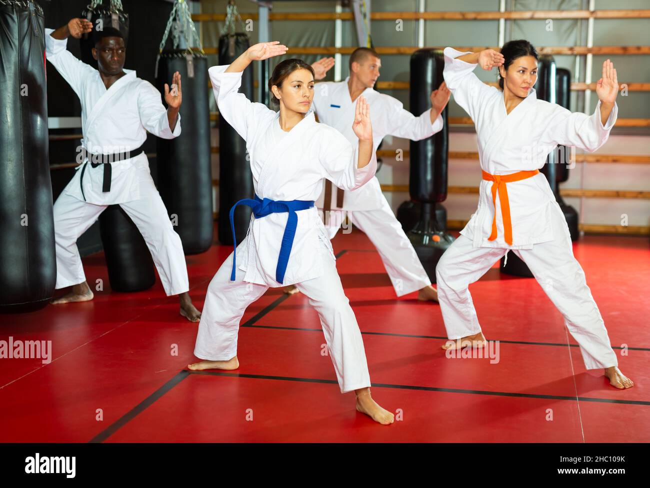 Karate or taekwondo training - athletes in kimono stand in fighting stance  Stock Photo - Alamy