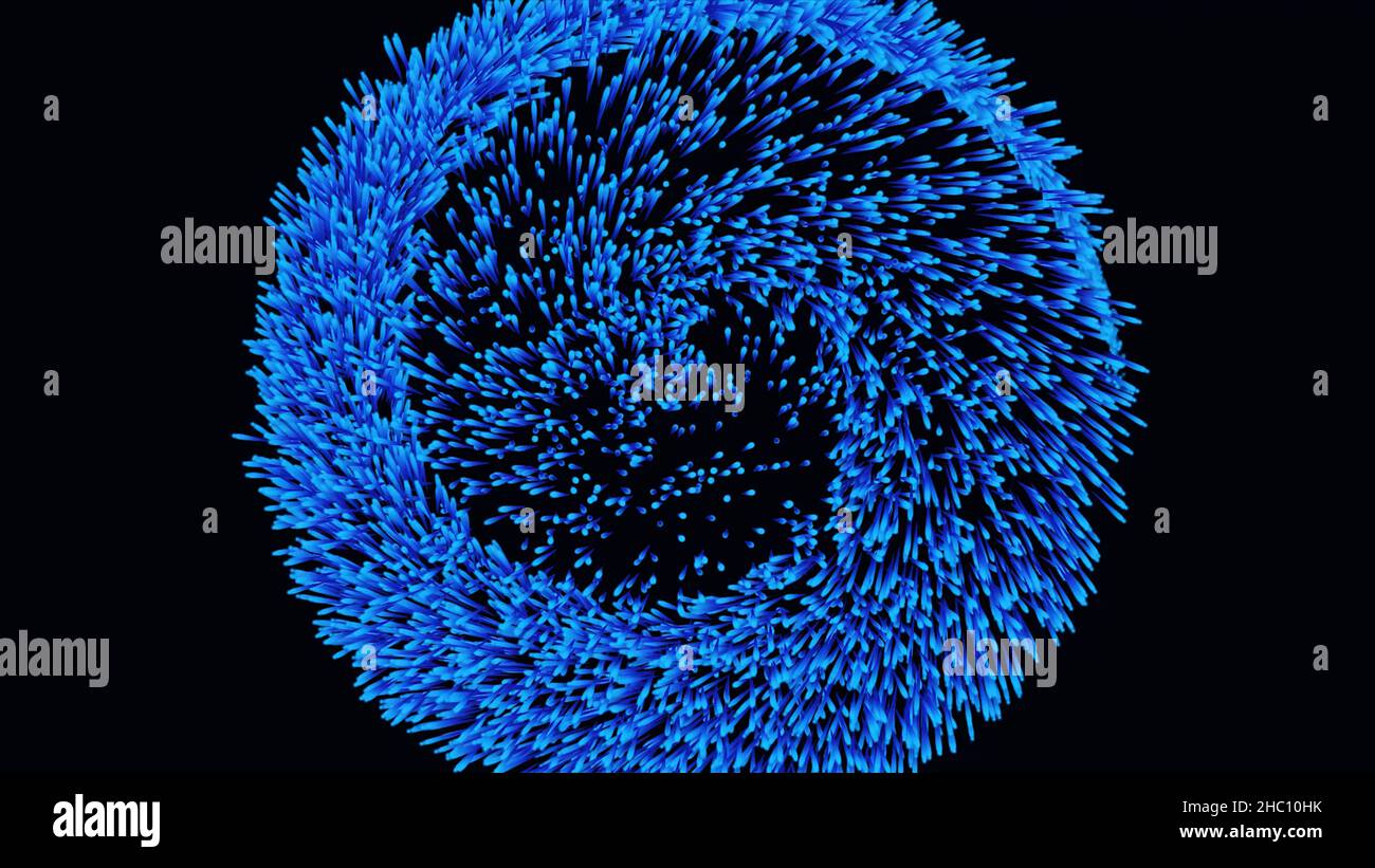 Blue abstract glitter trail flying in a spiral on black background ...