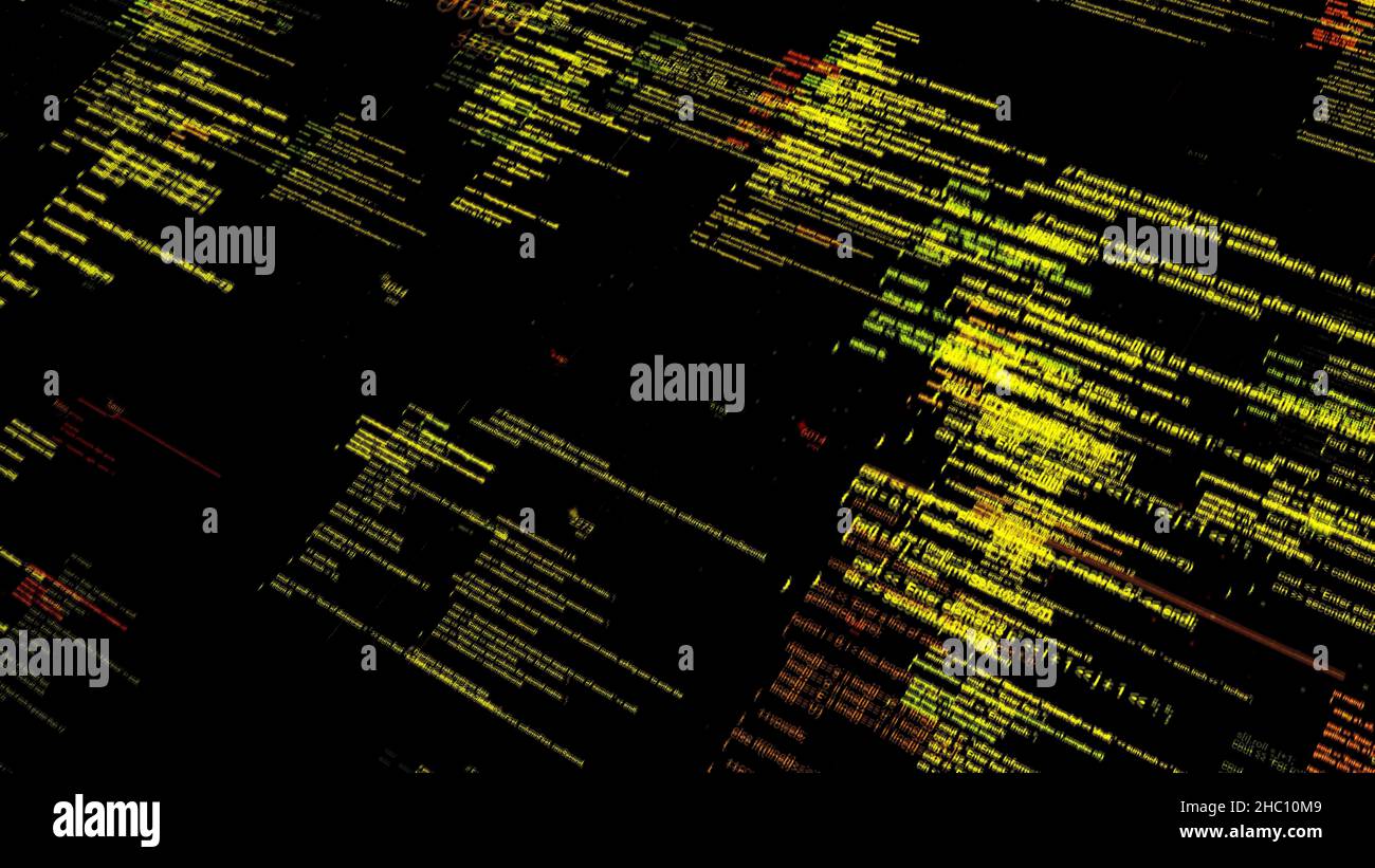 Abstract symbols flying diagonally on black screen background. Computer program codes running in a scrolling motion on a PC monitor display. Stock Photo