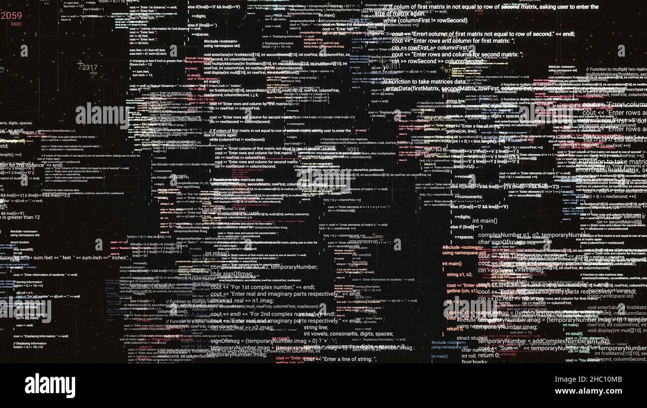 Abstract digital source code of a computer program on virtual display ...