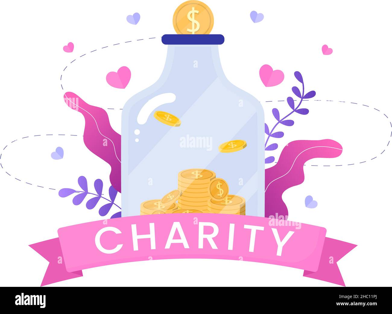 Love Charity or Giving Donation via Volunteer Team Worked Together to Help and Collect Donations for Poster or Banner in Flat Design Illustration Stock Vector
