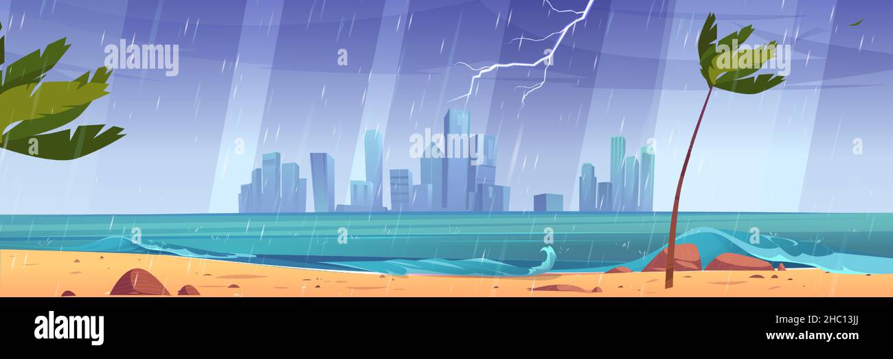 City skyline at storm, modern megapolis landscape at sea waterfront ...