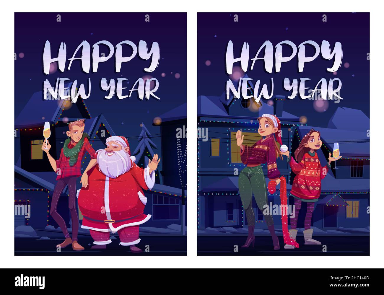 Happy New Year posters with Santa Claus and people with champagne on street at night. Vector greeting card with cartoon illustration with girls, guy and man in red costume celebrate winter holidays Stock Vector