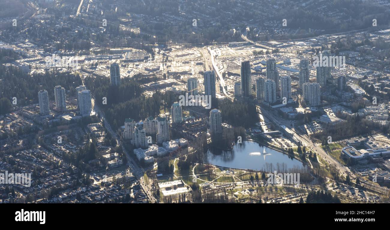 Aerial View of Coquitlam Centre Mall during a sunny winter evening Stock Photo