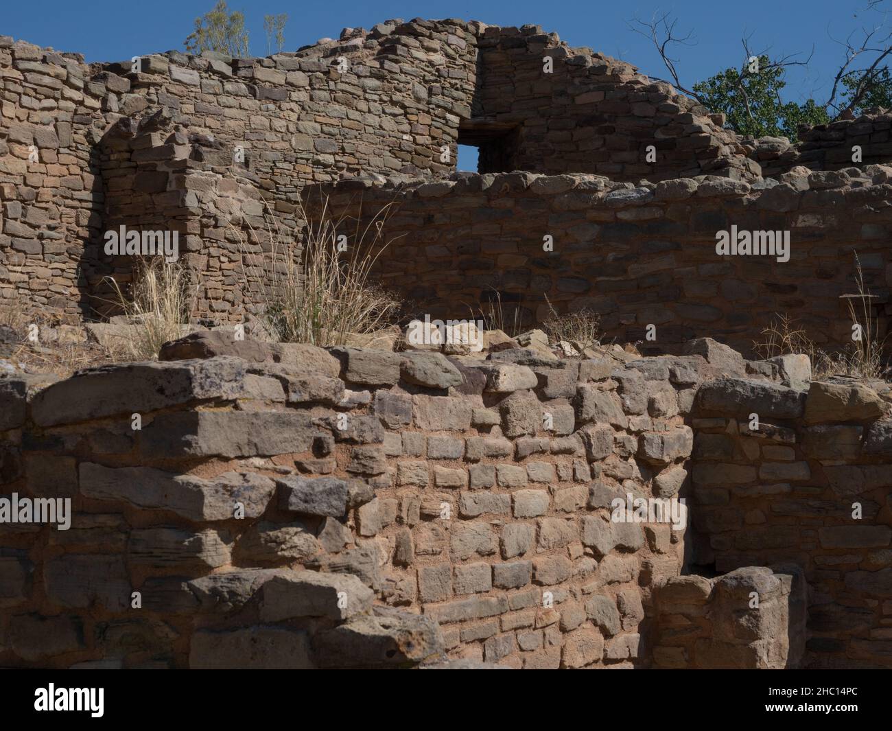 Close up of the stone and mortar walls in a building in Aztec Ruins National Monument in Aztec, New Mexico. Stock Photo
