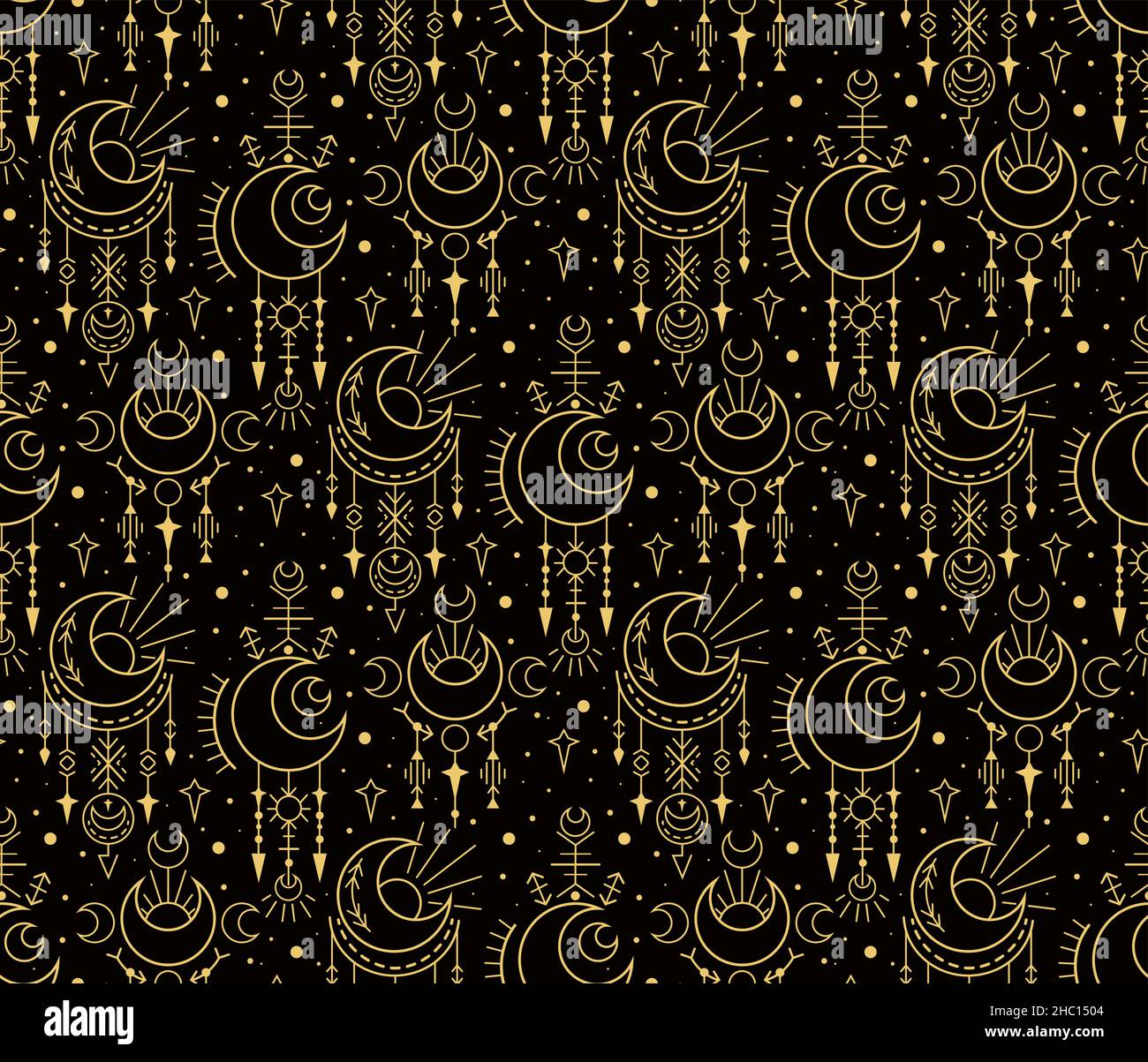 Seamless galaxy geometric esoteric pattern. Yellow contour space sacred ...