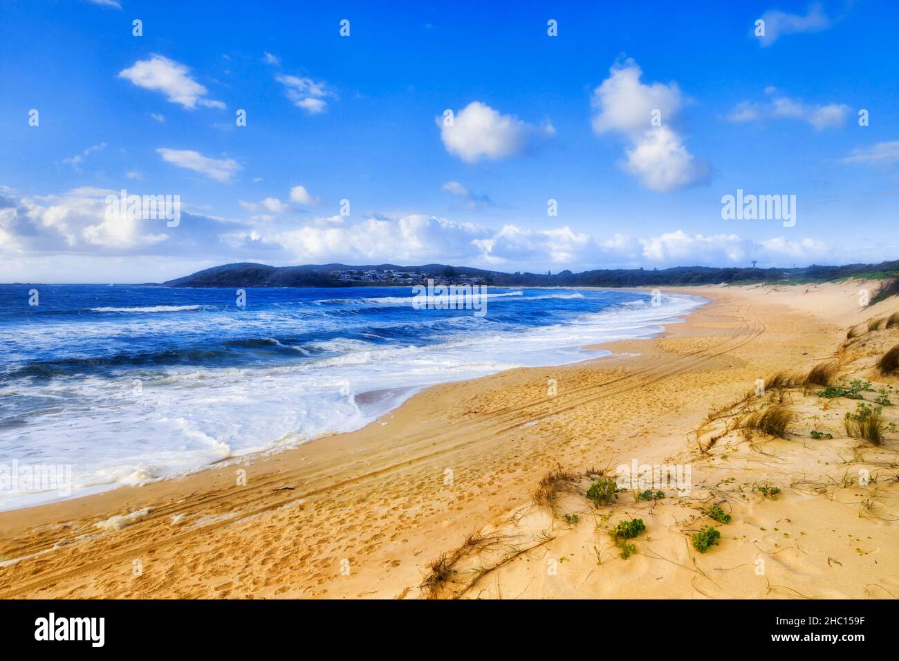 Sand dunes on Fingal beach of Fingal bay Australian Pacific coast in