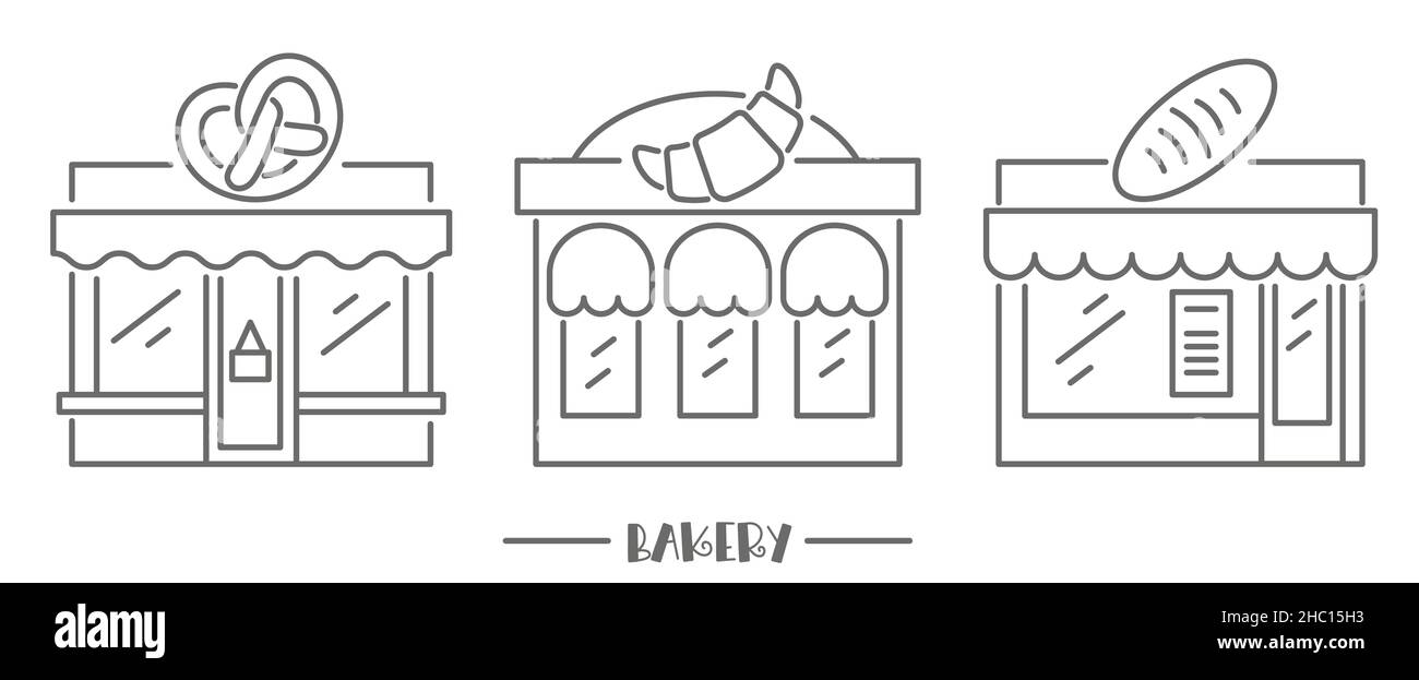Bakery shop icons. Patisserie front with signboard. Pastry store. Facade of market. Outline vector set. Stock Vector