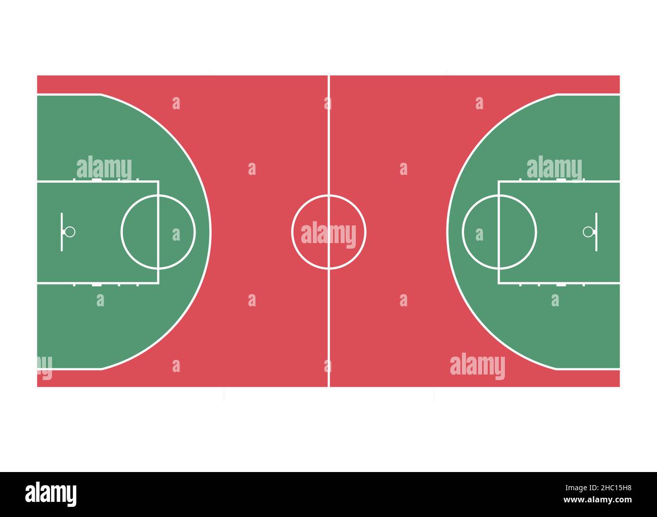 Basketball field layout with markings. Top view. Red and green floor