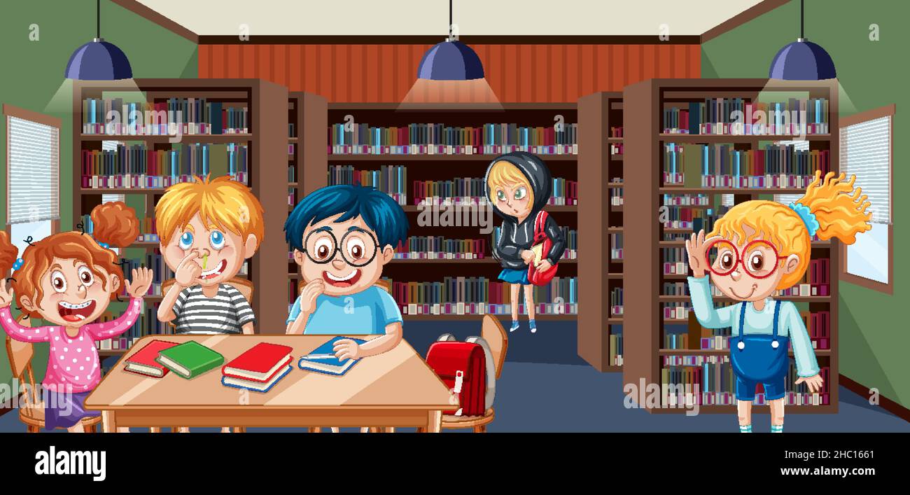 Children in school library scene illustration Stock Vector Image & Art