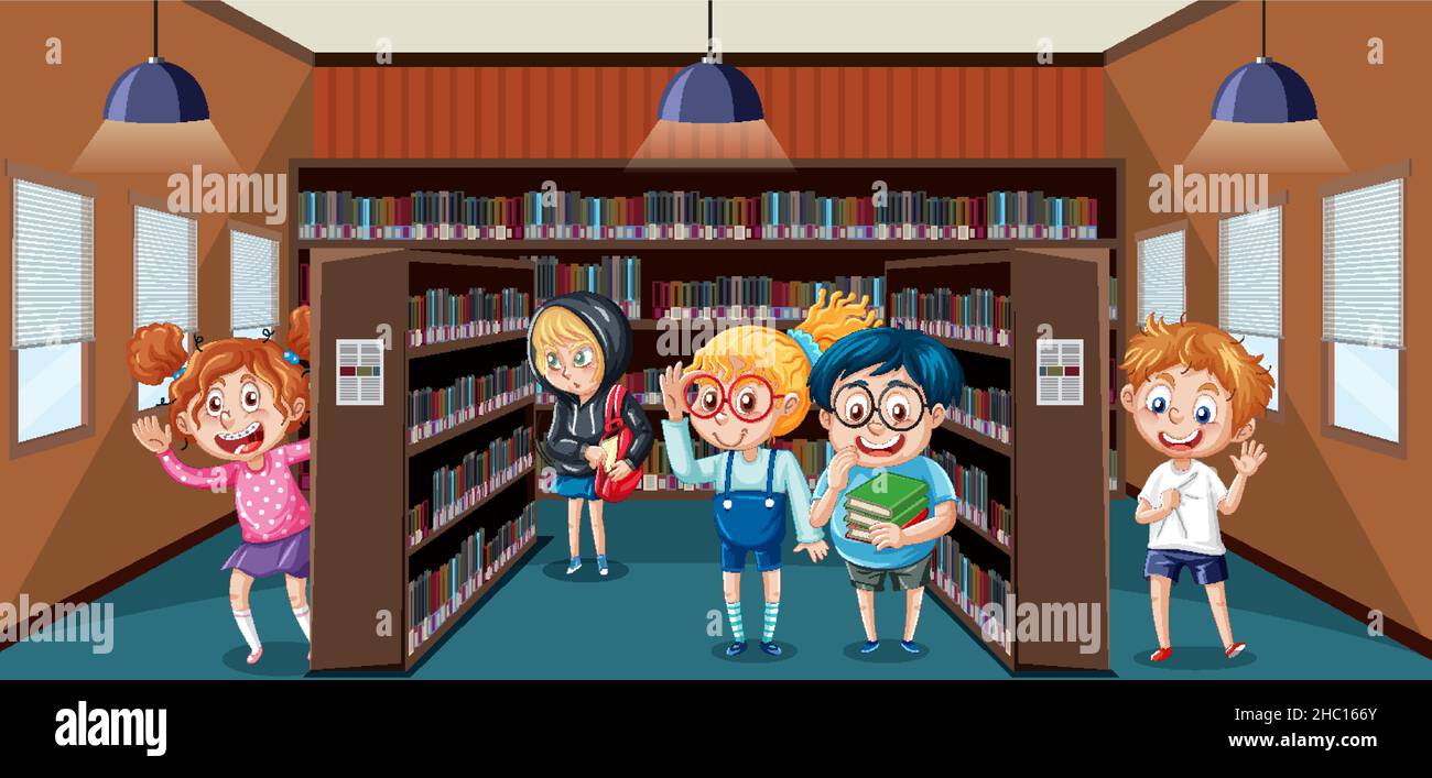School library scene with happy children illustration Stock Vector ...