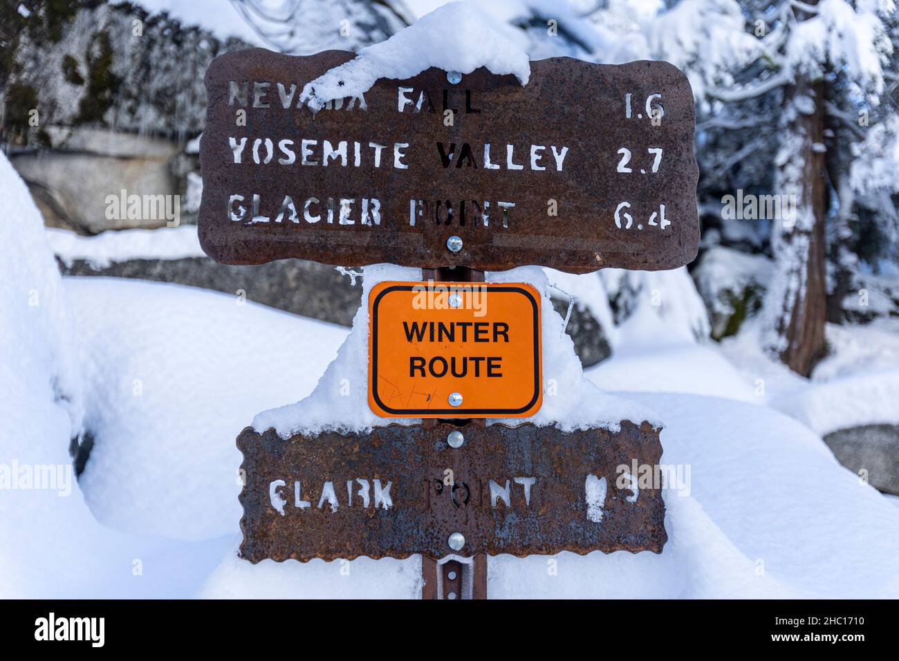 “Welcome to Yosemite Village” sign after a snow storm in Yosemite