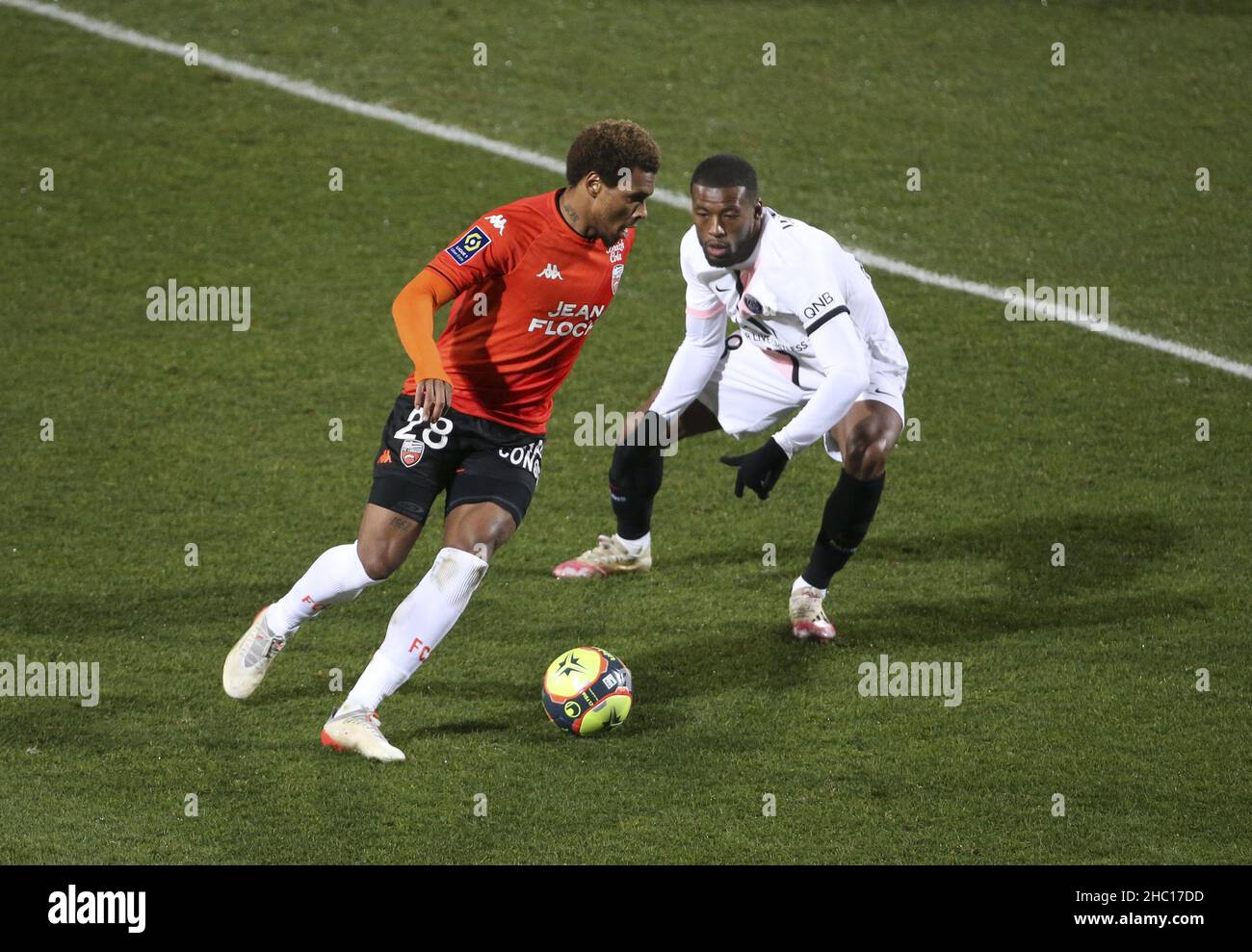 Armand Lauriente of Lorient, Georginio Wijnaldum of PSG during the French  championship Ligue 1 football match between Fc Lorient (FCL) and Paris  Saint-Germain (PSG) on December 22, 2021 at Stade du Moustoir