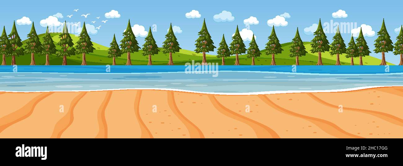 Beach horizontal scene at day time with many pine trees illustration ...