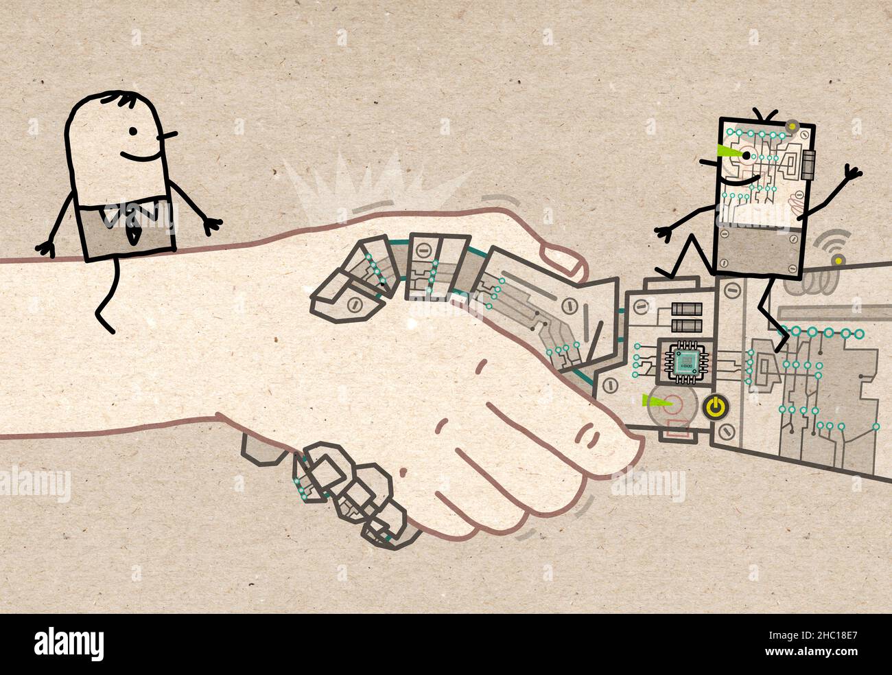 Hand drawn Cartoon Businessman and Robot Meeting on a big Handshake Stock Photo