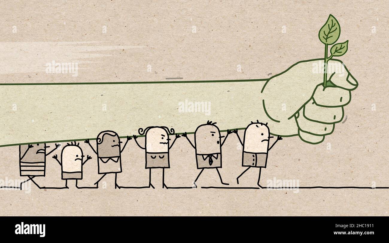Hand drawn Cartoon Protesting People with Big Green Fist Stock Photo ...